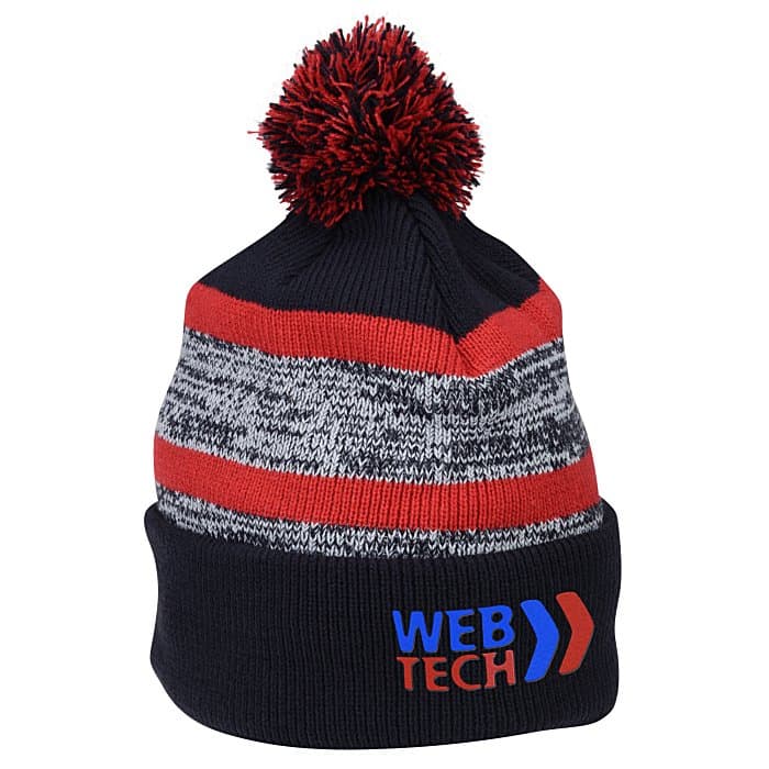 Melange Striped Pom Pom Cuffed Beanie